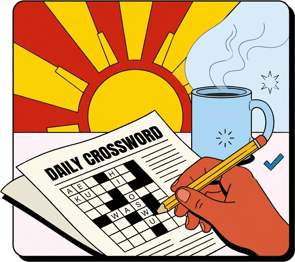 An illustrated hand solving a daily crossword beside a steaming mug of coffee